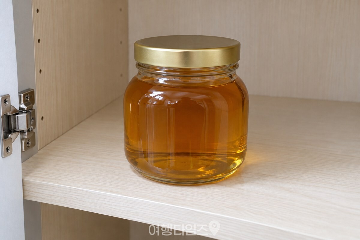 빛이 들지 않는 찬장 선반에 뚜껑을 닫은 투명 유리 꿀병이 놓여 있는 모습 / 기사 이해를 돕기 위한 생성형 이미지