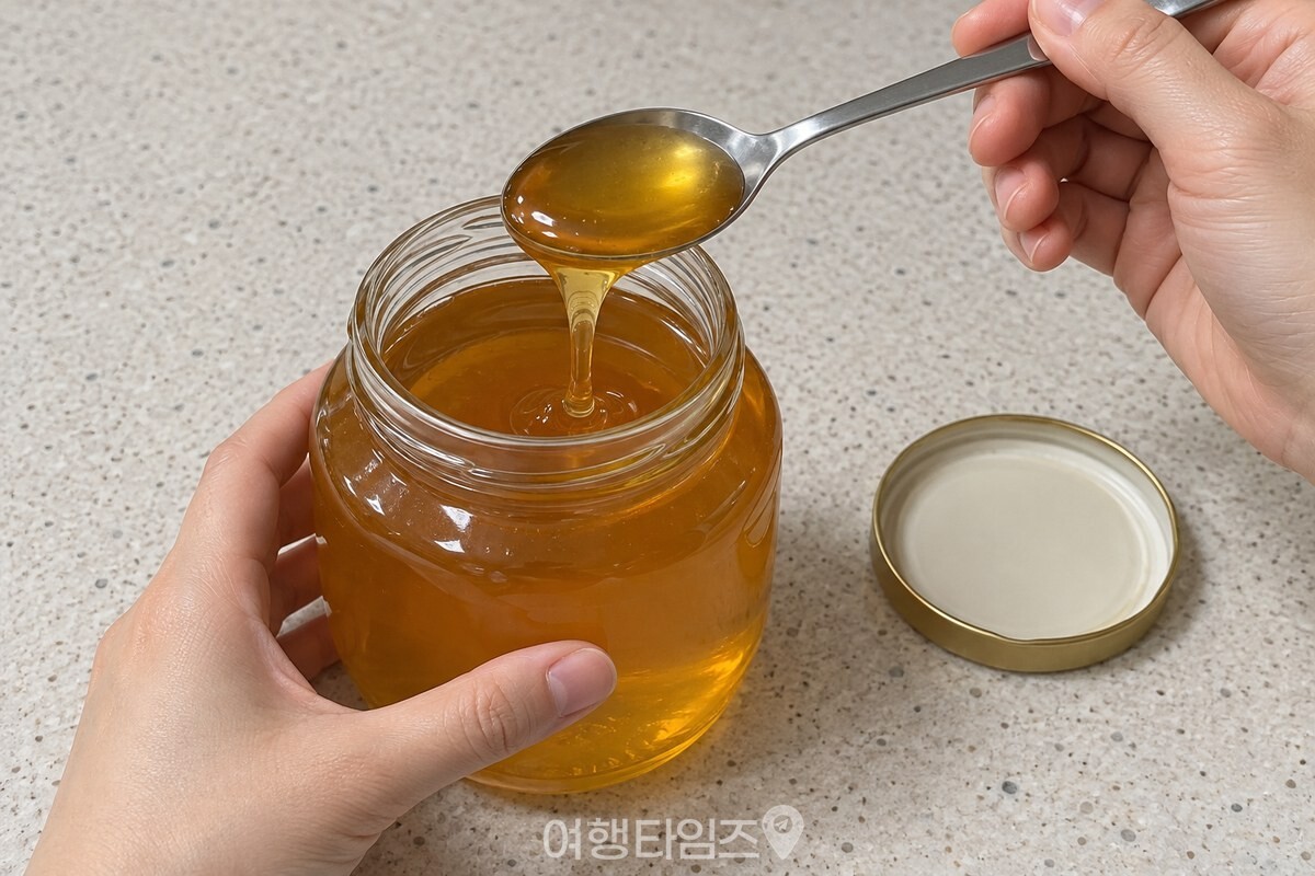깨끗하고 마른 스테인리스 숟가락으로 유리 꿀병에서 꿀을 더는 모습 / 기사 이해를 돕기 위한 생성형 이미지