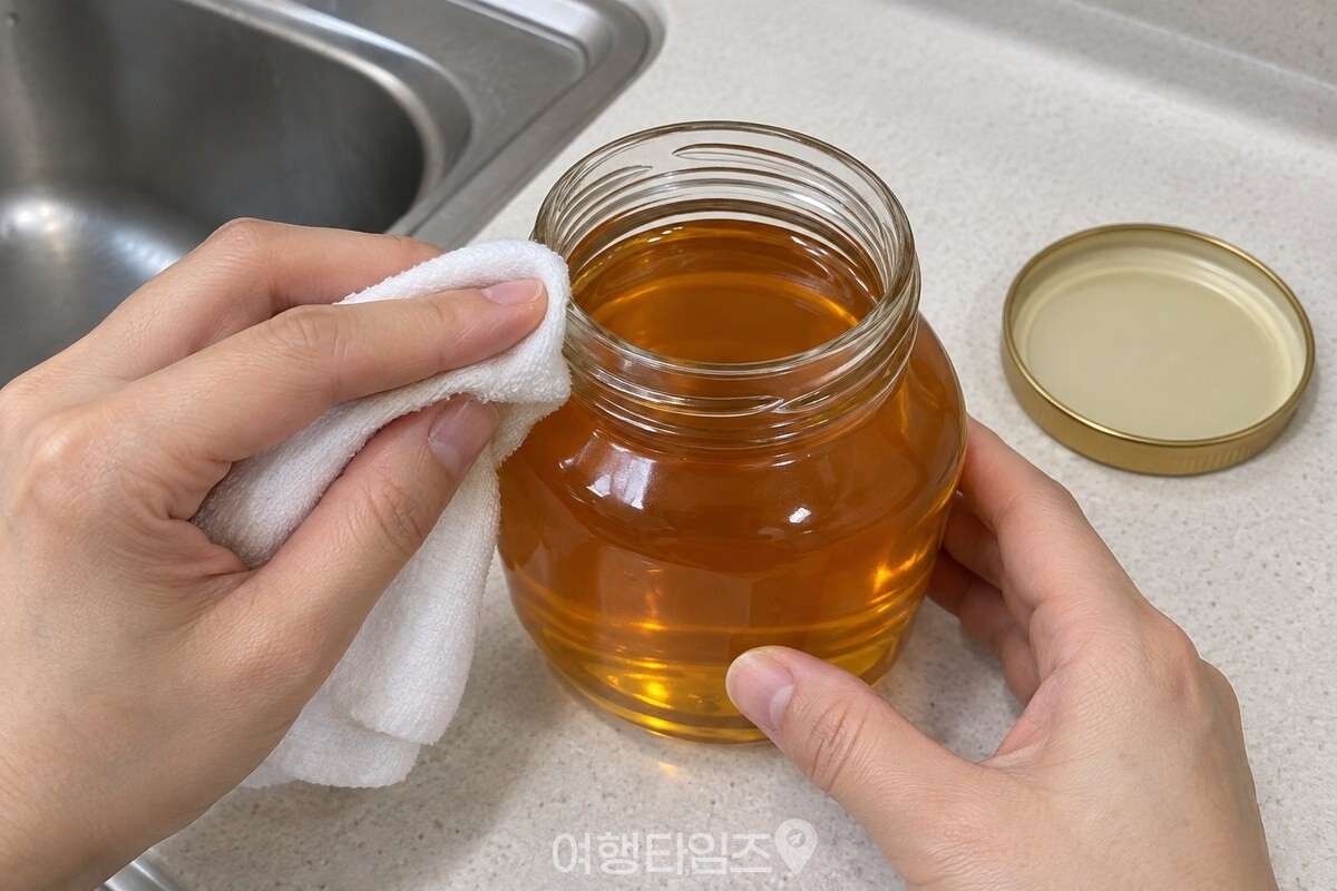 마른 흰 행주로 유리 꿀병의 입구와 바깥쪽을 닦는 모습 / 기사 이해를 돕기 위한 생성형 이미지