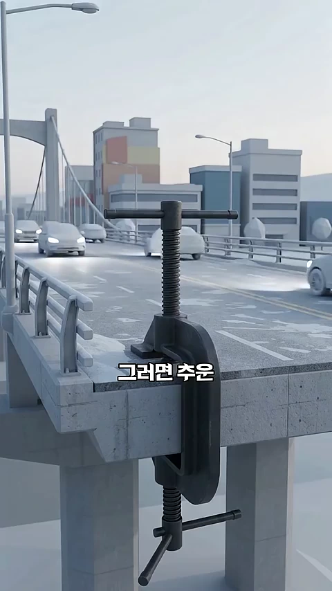 도로 위 다리 이음새 부분에 거대한 C형 클램프가 조여져 있고, 주변에는 차들이 달리는 3D 그래픽 영상 장면입니다.