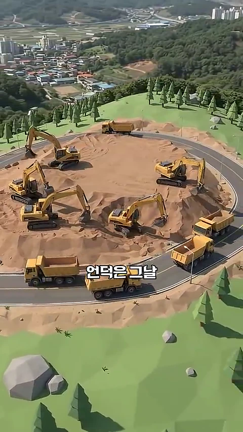 3D 애니메이션 스타일로 묘사된 건설 현장에서 굴착기들이 흙을 파내고 덤프트럭들이 줄지어 이동하는 모습이 담긴 그래픽