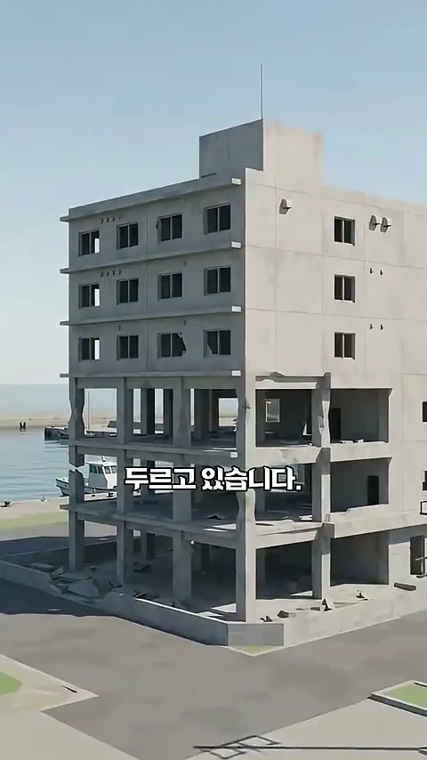 바닷가 근처에 1층이 비어 있고 위층만 남은 콘크리트 건물이 서 있으며, 화면 중앙에는 자막이 쓰여 있습니다.