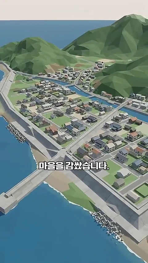 바닷가 마을을 거대한 이중 방조제가 둘러싸고 있는 모습이 담긴 3D 그래픽 영상 화면입니다.