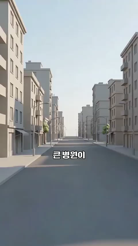 건물들이 줄지어 서 있는 도심 거리를 보여주는 3D 애니메이션 스타일의 영상 화면이며 중앙에는 '큰병원이'라는 한국어 자막이 적혀 있다.