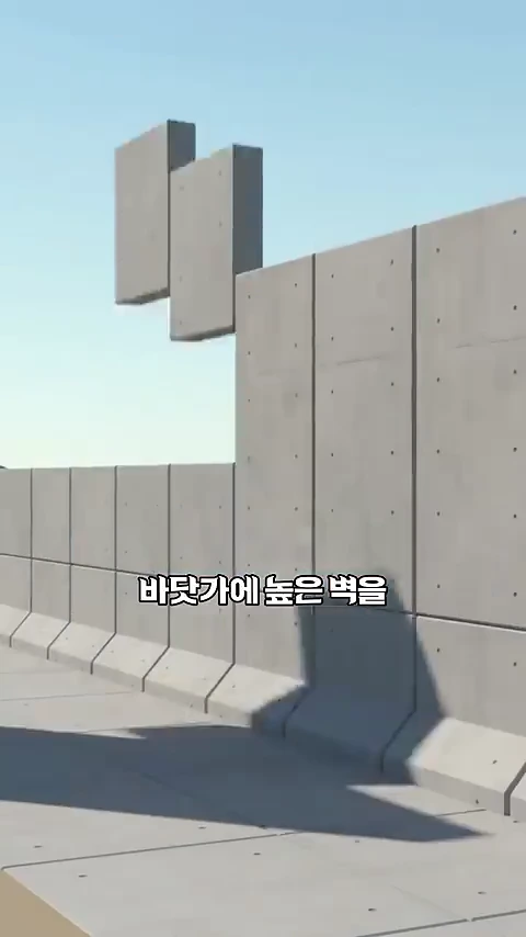 바닷가에 설치된 거대한 콘크리트 방벽이 하늘을 배경으로 세워져 있는 모습.