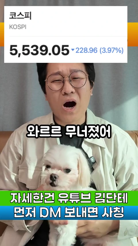 안경을 쓴 남성이 강아지를 품에 안고 당황하거나 놀란 표정을 짓고 있으며, 상단에는 코스피 지수가 3.97% 하락했다는 내용의 텍스트가 표시되어 있다.