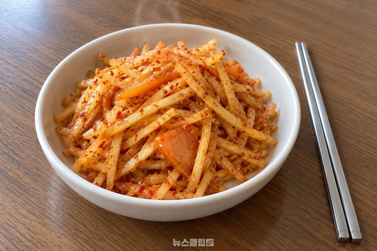 붉은 양념이 고르게 묻은 고구마생채가 작은 흰 반찬그릇에 담겨 있는 모습 / 기사 이해를 돕기 위한 생성형 이미지