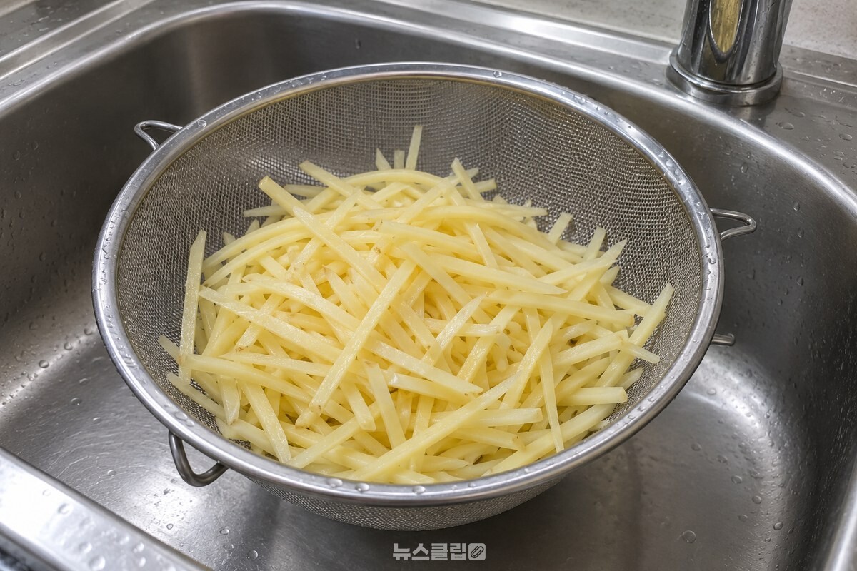 맑은 찬물에 헹군 고구마 채가 체 위에서 한 가닥씩 풀려 있는 모습 / 기사 이해를 돕기 위한 생성형 이미지