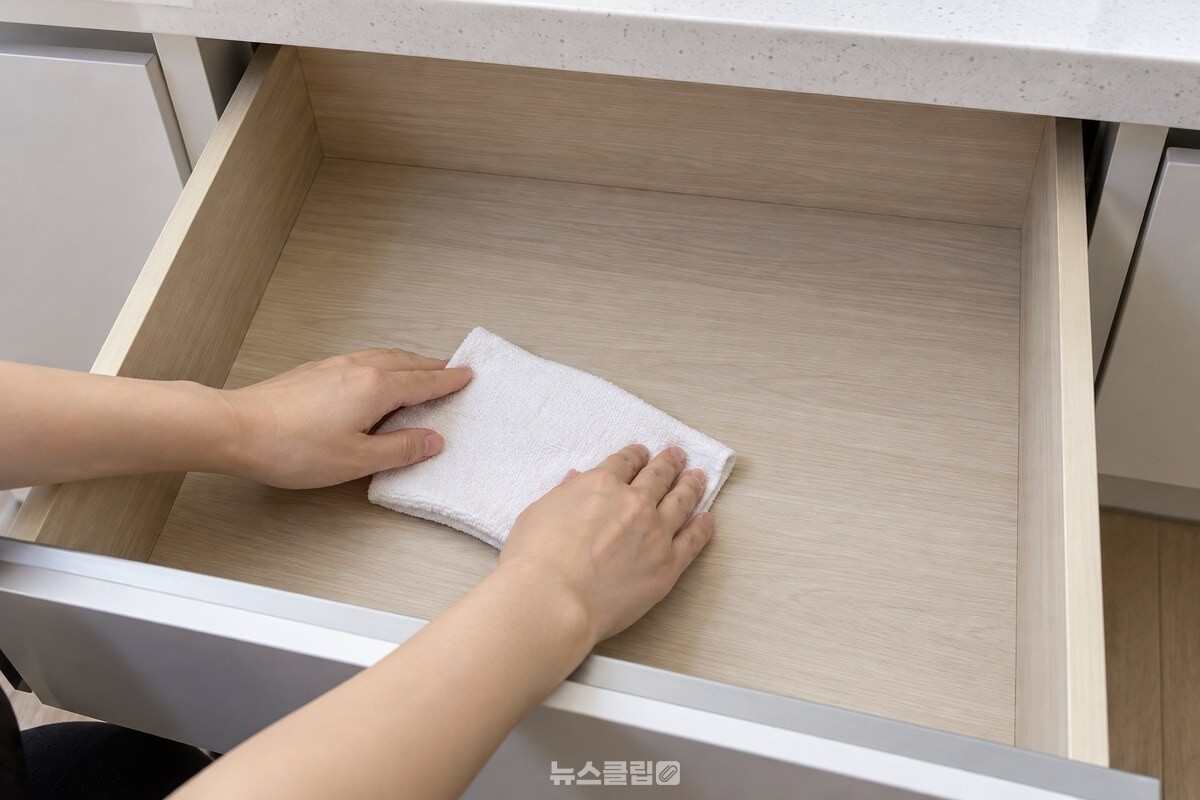 깨끗한 마른 행주로 비운 수저 서랍 바닥을 닦는 모습 / 기사 이해를 돕기 위한 생성형 이미지