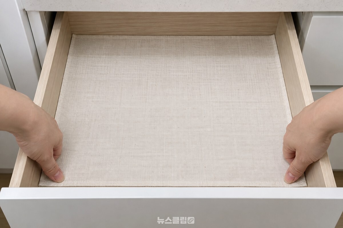 두 손으로 얇은 면 행주의 모서리를 눌러 서랍 바닥에 평평하게 펴는 모습 / 기사 이해를 돕기 위한 생성형 이미지