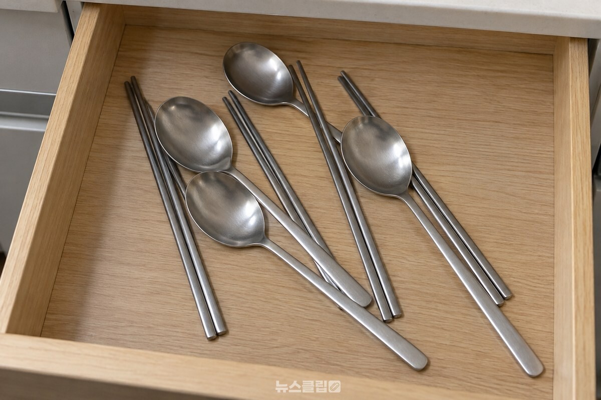 빈 서랍 바닥 위에서 스테인리스 수저가 서로 닿아 있는 모습. / 기사 이해를 돕기 위한 생성형 이미지