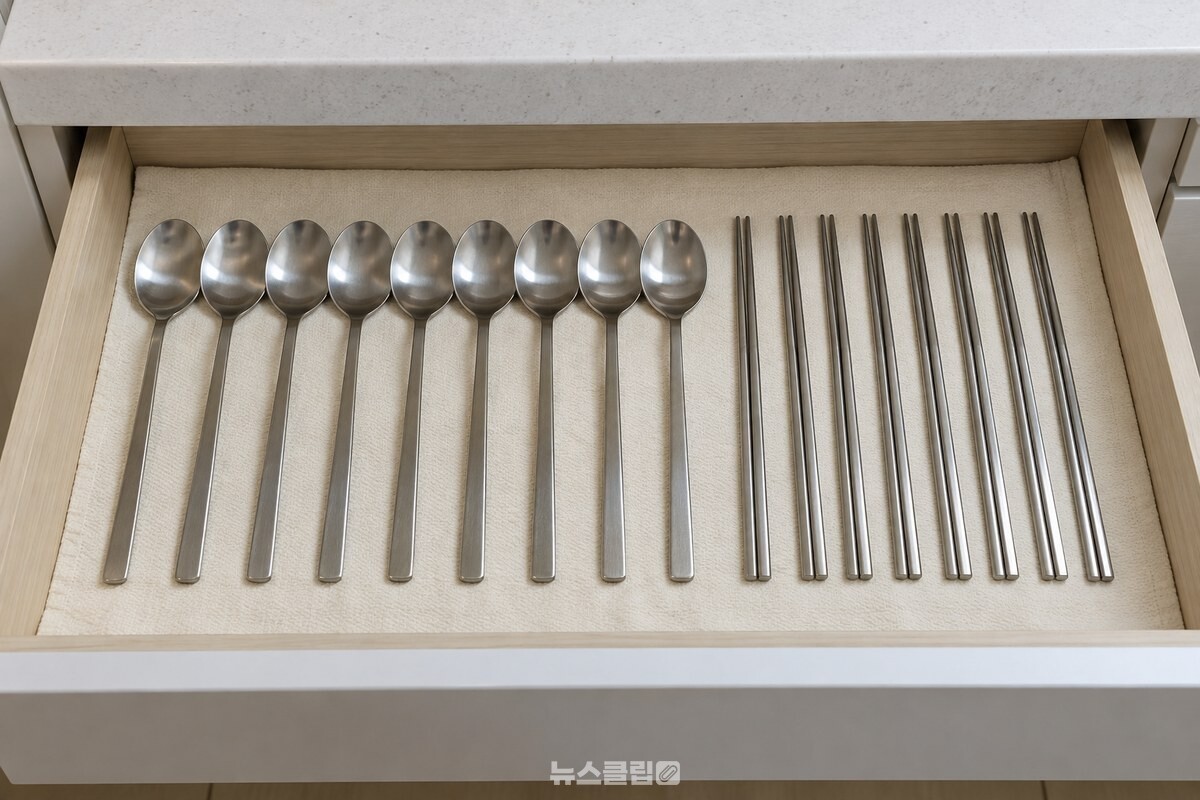 마른 숟가락과 젓가락이 천 위에서 종류별로 나란히 정리되어 있는 모습 / 기사 이해를 돕기 위한 생성형 이미지