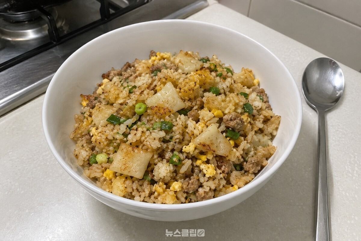잘게 자른 만두와 밥알이 고르게 섞인 만두 볶음밥 한 그릇. / 기사 이해를 돕기 위한 생성형 이미지