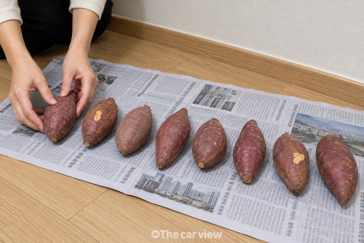 신문지 위에 고구마를 한 줄로 펼쳐 상처 난 것을 골라 보는 모습 / 기사 이해를 돕기 위한 생성형 이미지
