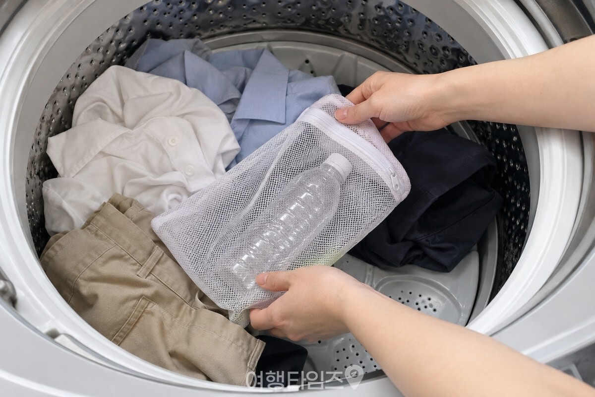 빨랫감 사이에 지퍼를 닫은 생수병 든 빨래망을 넣는 손 / 기사 이해를 돕기 위한 생성형 이미지