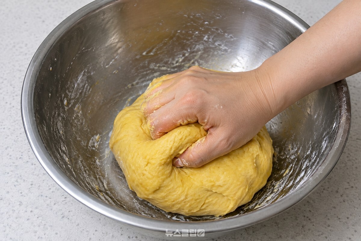 큰 볼에서 노란 수제비 반죽을 치대는 손 / 기사 이해를 돕기 위한 생성형 이미지