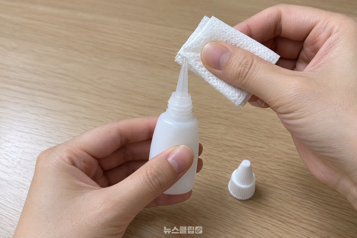 마른 휴지를 두세 번 접어 순간접착제 입구 끝을 닦는 모습. / 기사 이해를 돕기 위한 생성형 이미지