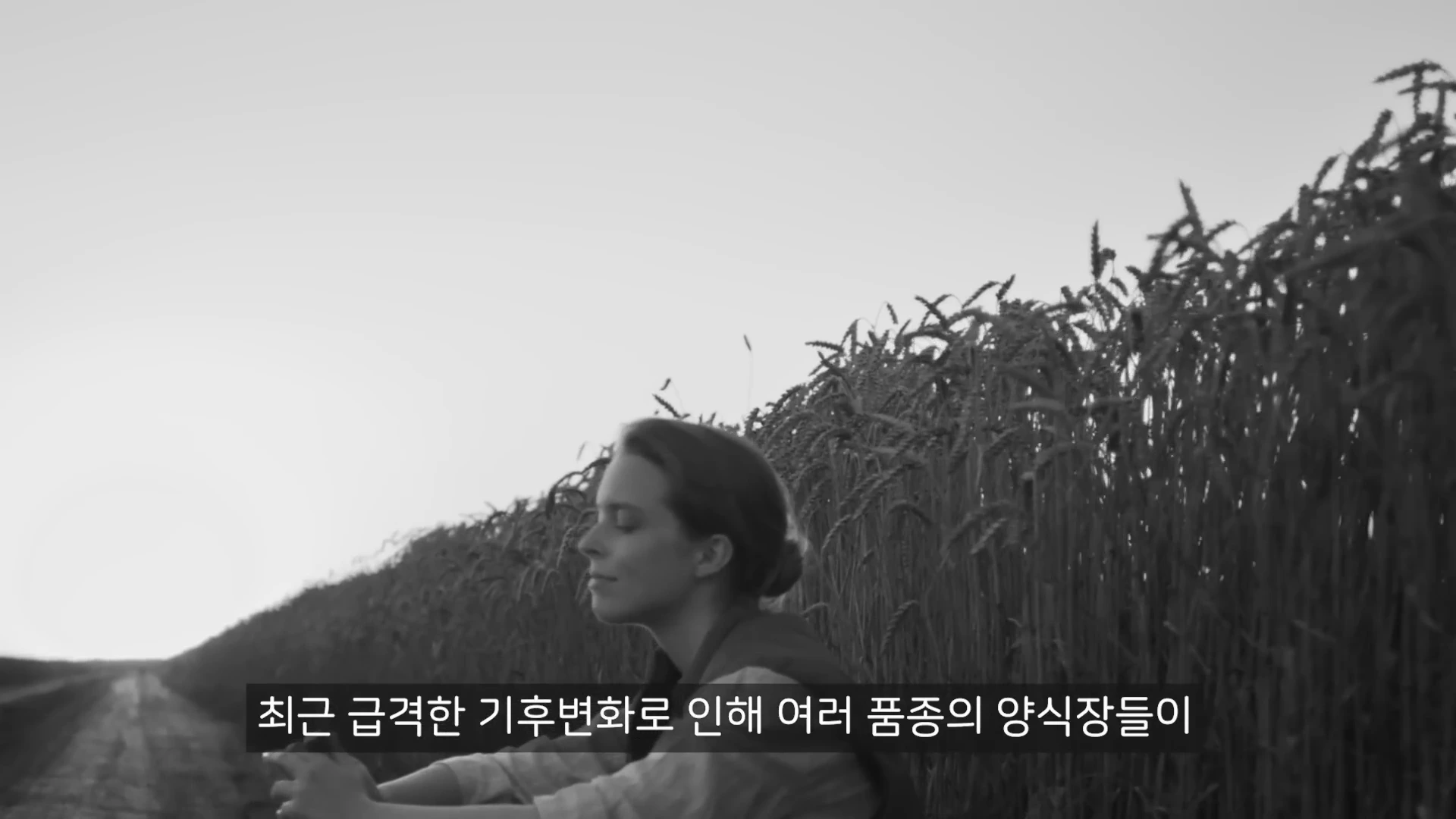 흑백 영상에서 한 여성이 해 질 녘 보리밭처럼 보이는 들판에 앉아 눈을 감고 휴식을 취하고 있다.