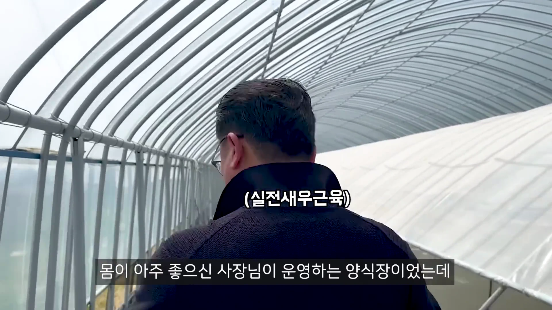 비닐하우스 형태의 대규모 양식장 통로를 걷고 있는 한 남성의 뒷모습을 촬영한 영상 프레임입니다.