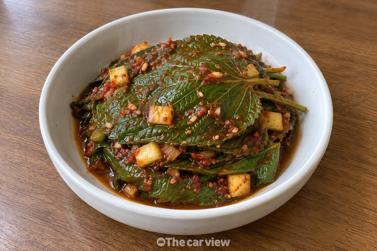 사과 알갱이가 얹힌 완성된 깻잎김치 반찬 / 기사 이해를 돕기 위한 생성형 이미지