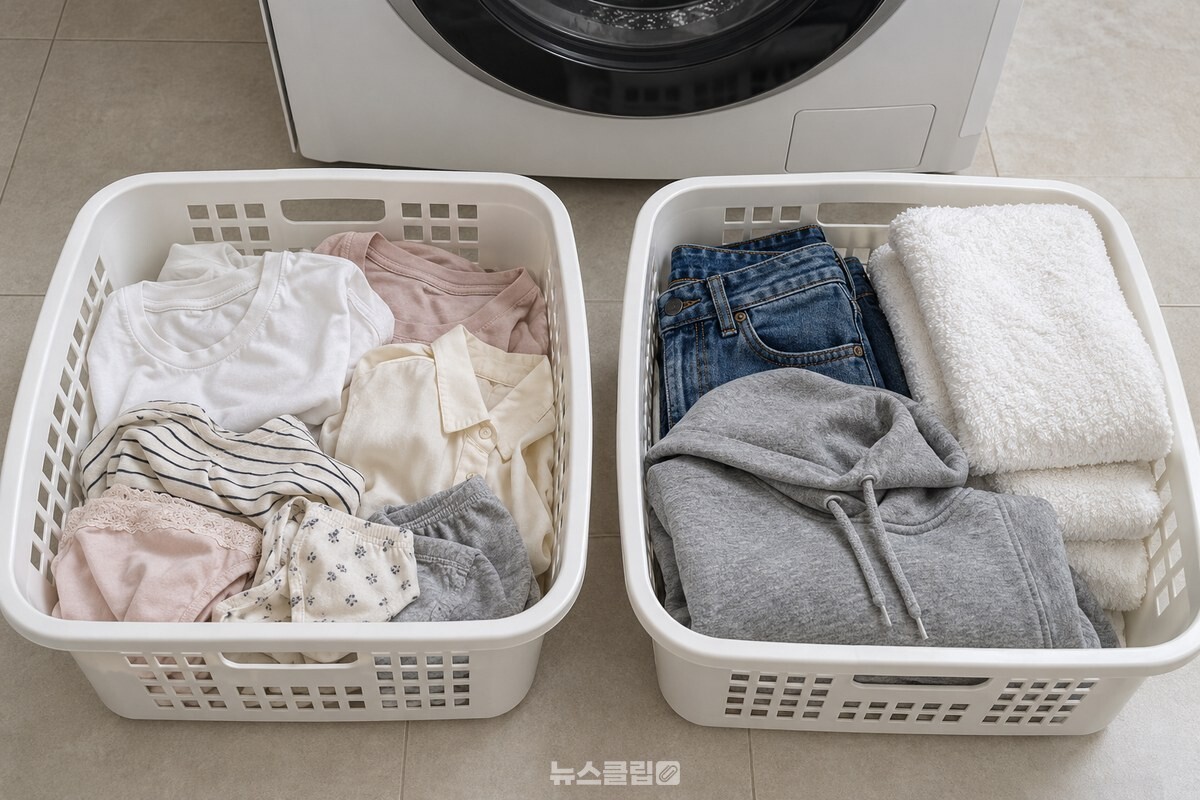 빨래 바구니 두 개에 얇은 옷과 두꺼운 옷을 나누어 담은 모습. / 기사 이해를 돕기 위한 생성형 이미지