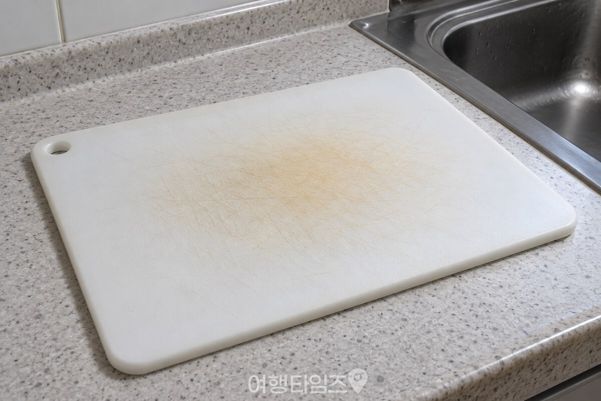 깨끗이 씻어 말린 흰 플라스틱 도마의 가운데 칼집을 비스듬한 빛에서 살펴보는 모습. / 기사 이해를 돕기 위한 생성형 이미지