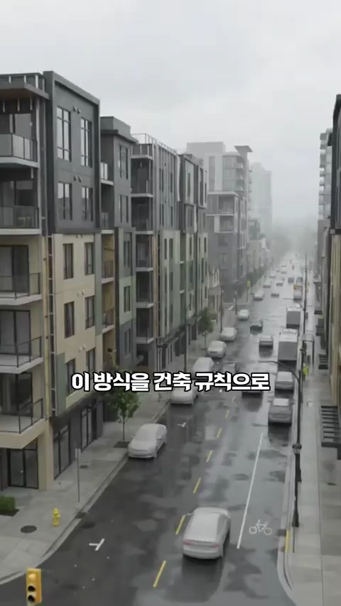 비 내리는 도시 거리를 높은 곳에서 내려다본 모습이며 건물들 사이로 도로와 차량들이 흐릿하게 보이고 화면 중앙에 한국어 자막이 배치되어 있다.