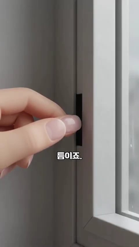 실내에서 사람의 손이 창문 틀의 좁은 틈을 가리키고 있으며, 화면 중앙에는 '틈이죠.'라는 한글 자막이 표시되어 있습니다.