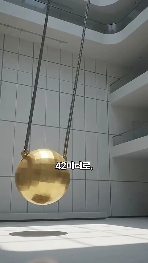 실내 공간에 두꺼운 와이어 두 줄로 매달려 있는 거대한 황금색 구형 금속 추의 모습이며 화면 중앙에는 42미터로라는 자막이 표시되어 있다.