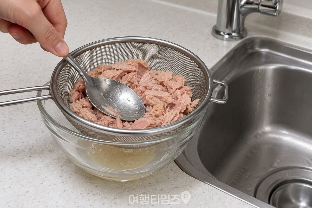 체에 밭쳐 기름을 뺀 참치 통조림 / 기사 이해를 돕기 위한 생성형 이미지