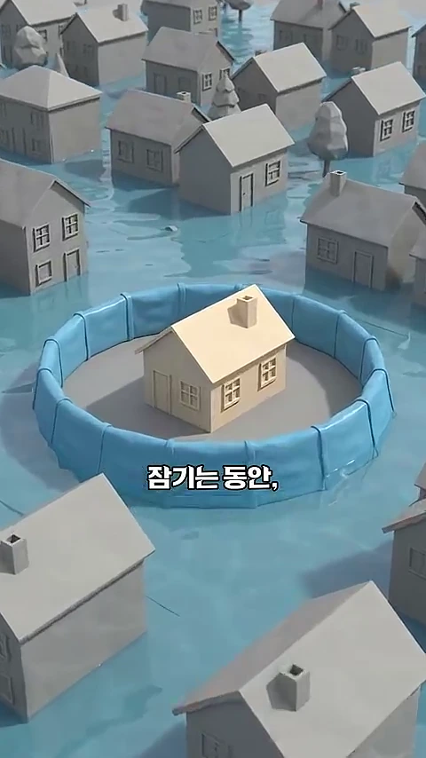 홍수로 물에 잠긴 마을 한가운데, 밝은색 집 주변을 파란색 대형 튜브 방벽이 원형으로 둘러싸고 있는 그래픽 이미지