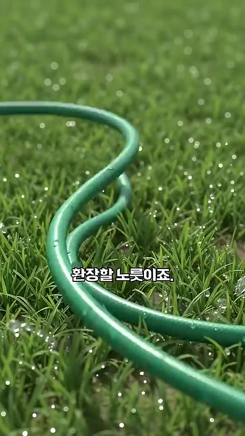 잔디밭 위에 놓인 초록색 호스가 구불구불한 형태로 배치되어 있으며, 화면 중앙에 '환장할 노릇이죠.'라는 자막이 표시되어 있습니다.