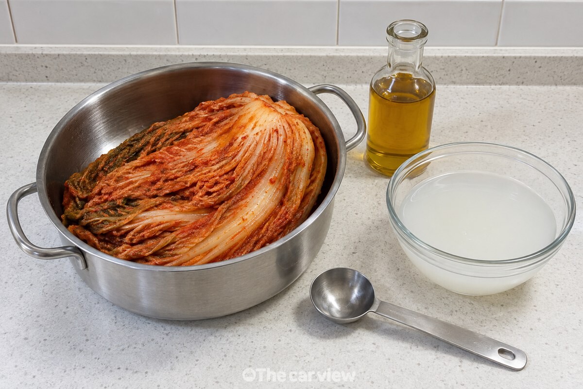 통김치와 들기름, 쌀뜨물을 준비한 조리대 / 기사 이해를 돕기 위한 생성형 이미지