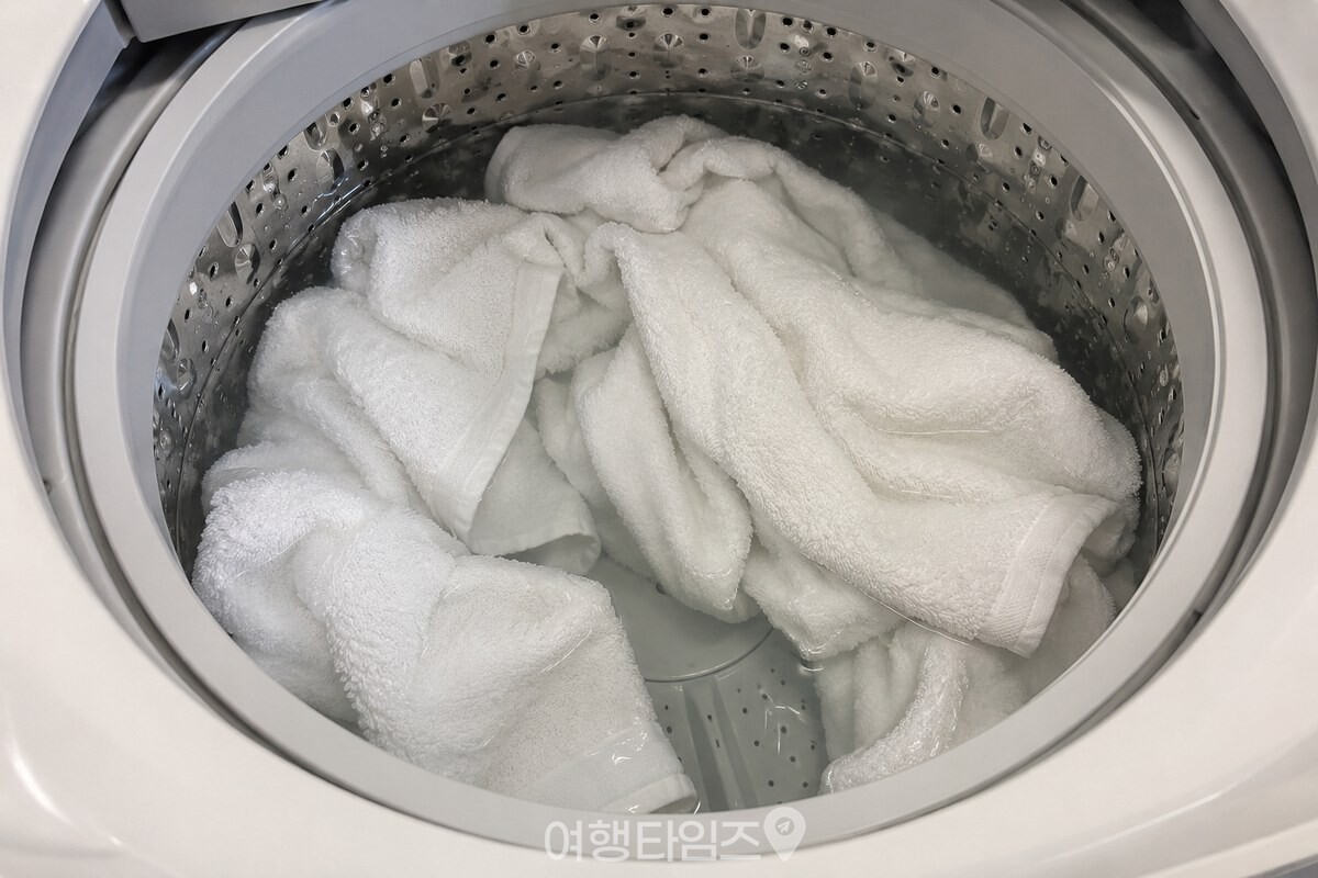 통돌이 세탁기 안에서 맑은 헹굼물에 흰 수건이 잠겨 있는 모습 / 기사 이해를 돕기 위한 생성형 이미지