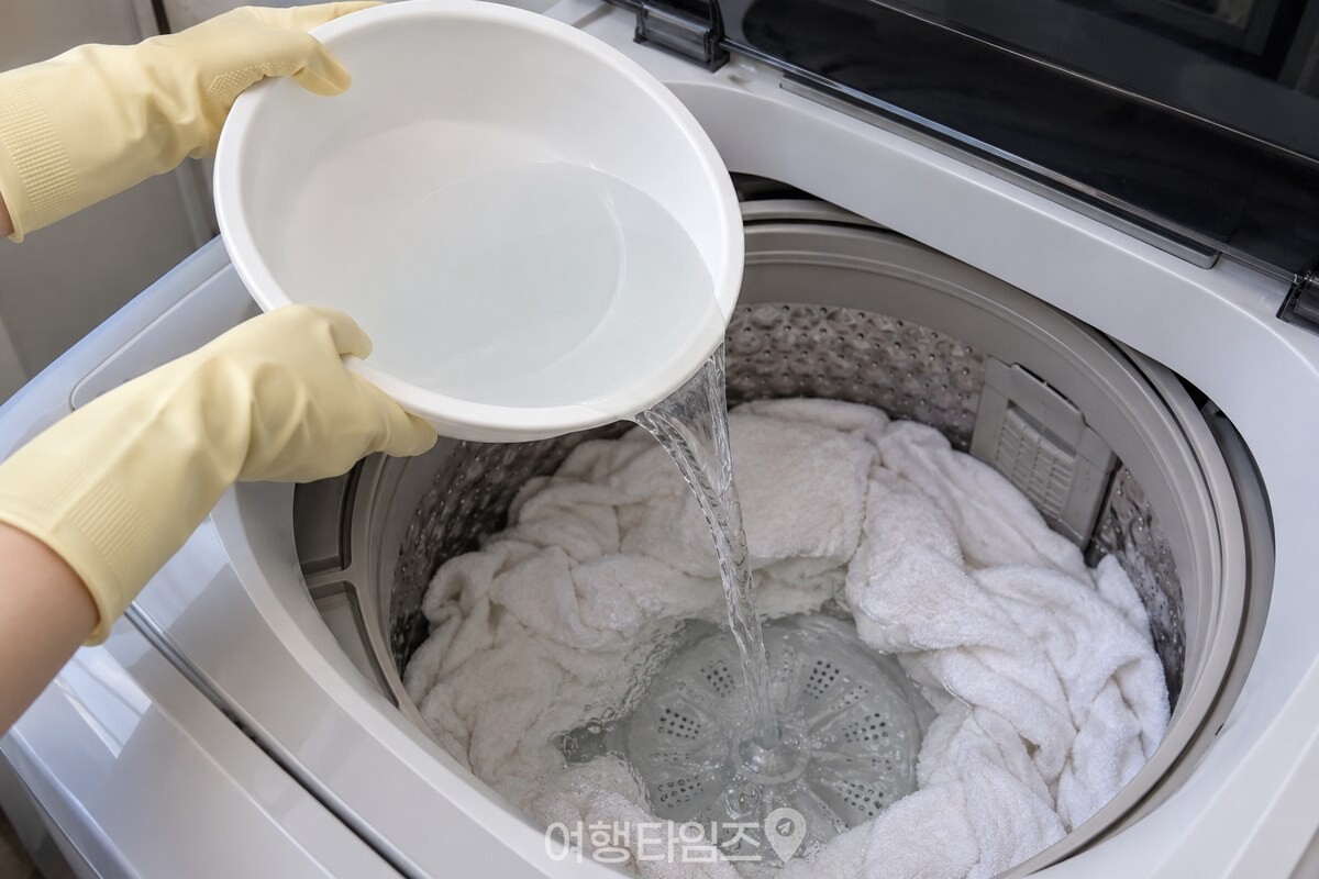 고무장갑을 낀 손이 찬물을 담은 흰 바가지에 희석한 용액을 세탁통에 붓는 모습 / 기사 이해를 돕기 위한 생성형 이미지