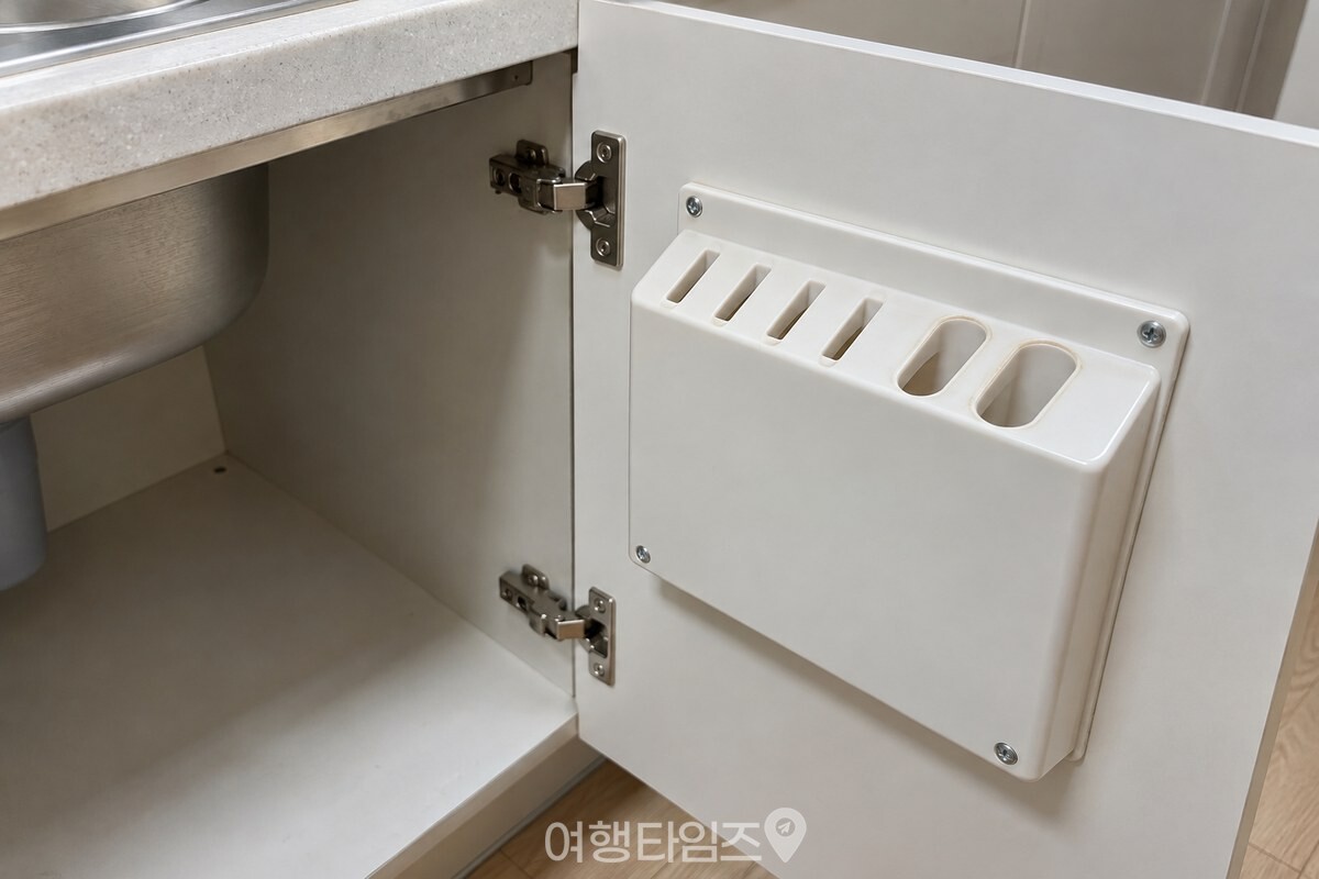 싱크대 수납장 문 안쪽에 고정된 흰색 플라스틱 칼꽂이와 비워 둔 칼집 입구. / 기사 이해를 돕기 위한 생성형 이미지