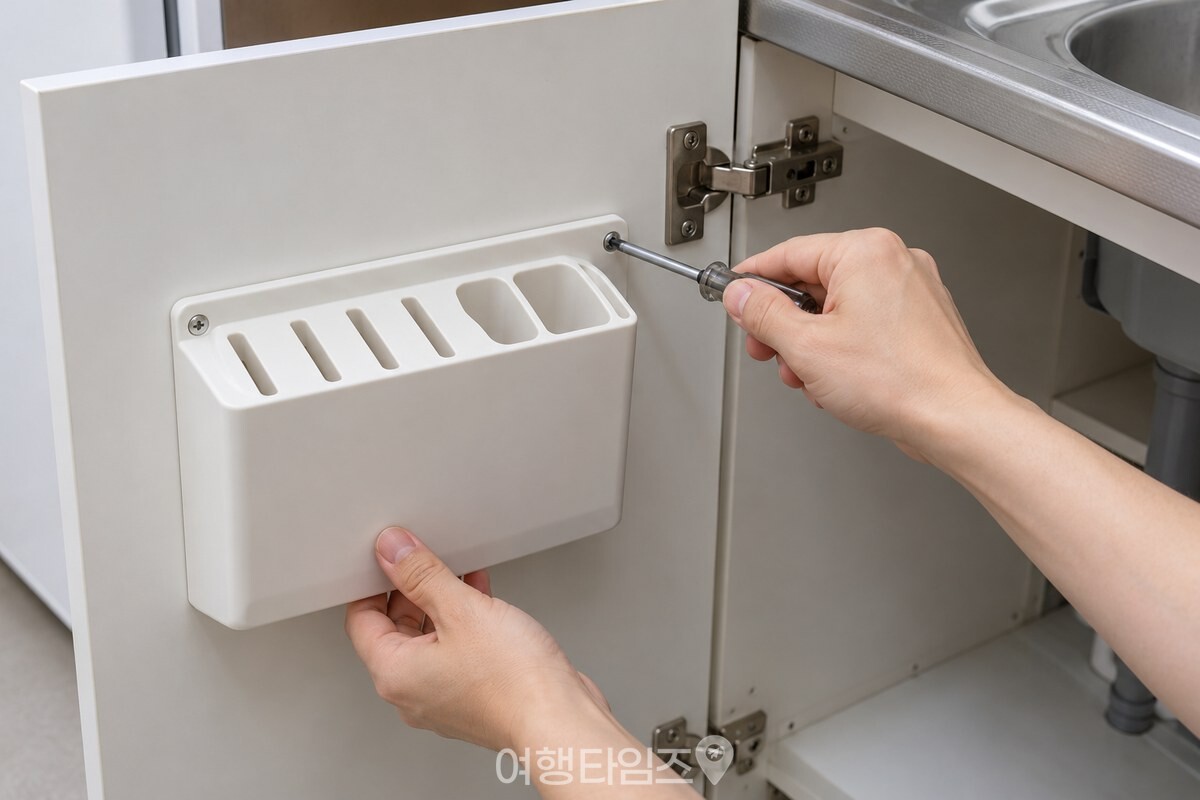 열어 둔 싱크대 수납장 문에서 드라이버로 칼꽂이 모서리 나사를 푸는 모습. / 기사 이해를 돕기 위한 생성형 이미지