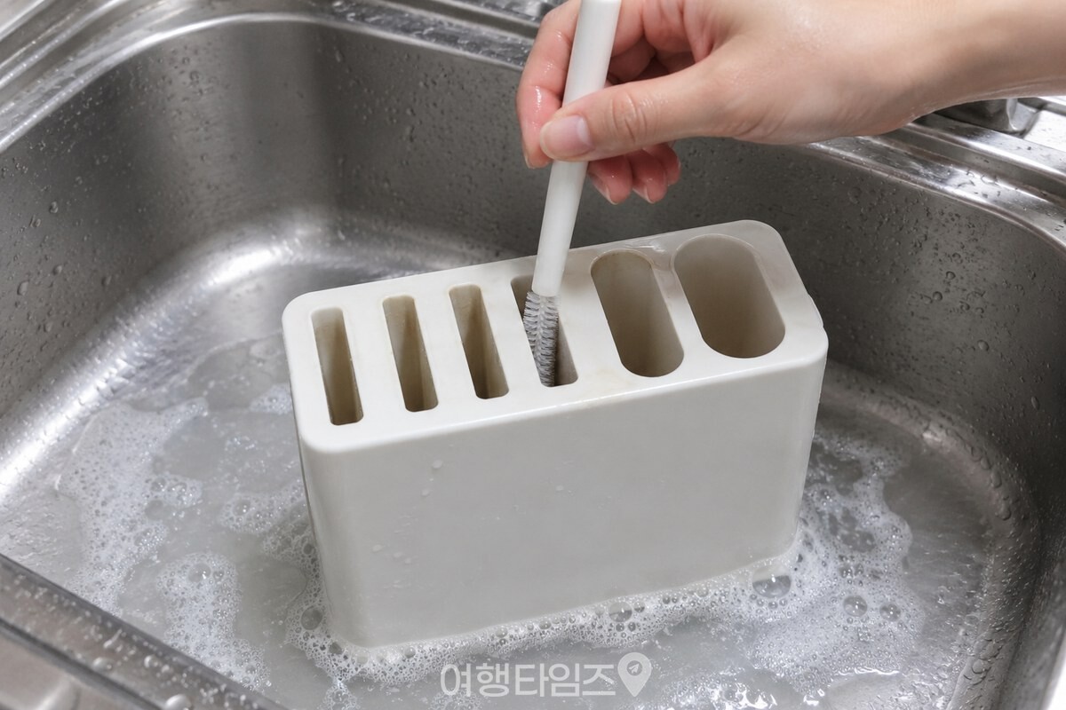 따뜻한 세제물에 담근 칼꽂이 칼집 안을 가느다란 솔로 닦는 모습. / 기사 이해를 돕기 위한 생성형 이미지