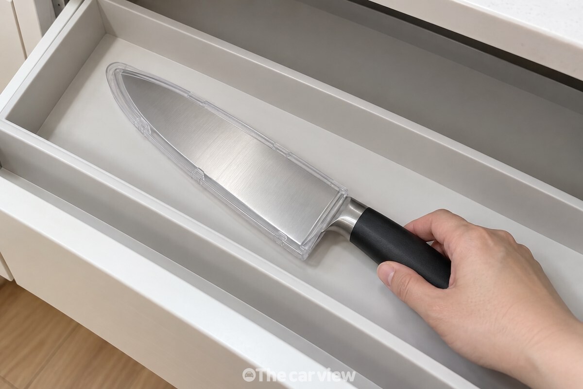 물기를 닦은 주방칼에 투명 칼날 덮개를 씌워 서랍 칸에 따로 둔 모습. / 기사 이해를 돕기 위한 생성형 이미지