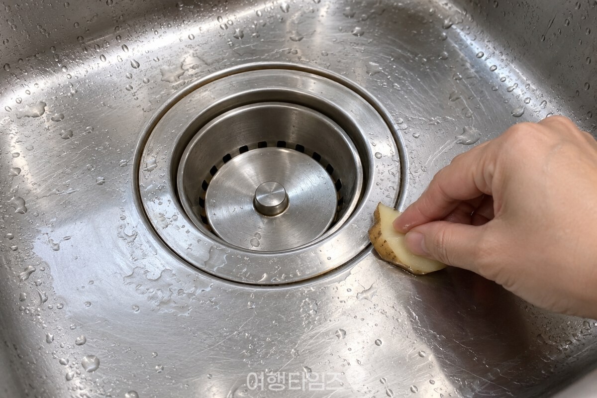감자 껍질의 하얀 안쪽 면으로 배수구 둘레를 작은 원으로 문지르는 모습 / 기사 이해를 돕기 위한 생성형 이미지
