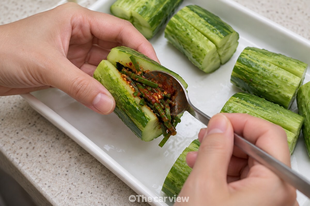 칼집 낸 오이에 속 양념을 채우는 모습 / 기사 이해를 돕기 위한 생성형 이미지