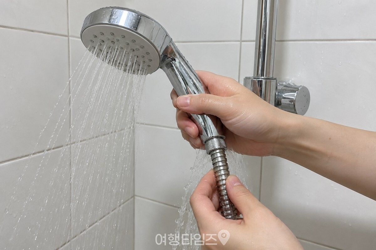 샤워기 물로 호스 마디와 연결 너트 사이를 헹구는 모습. / 기사 이해를 돕기 위한 생성형 이미지
