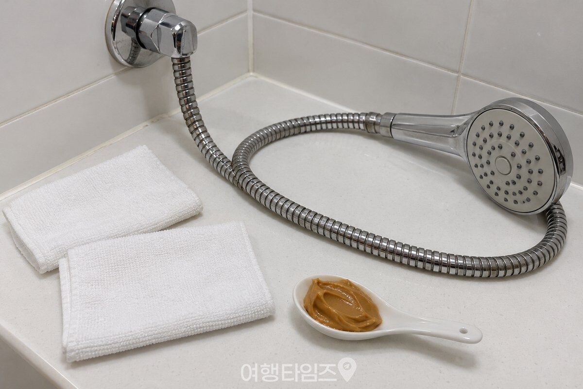 마른 수건으로 물기를 닦은 샤워기 호스와 부드러운 땅콩버터를 준비한 모습. / 기사 이해를 돕기 위한 생성형 이미지