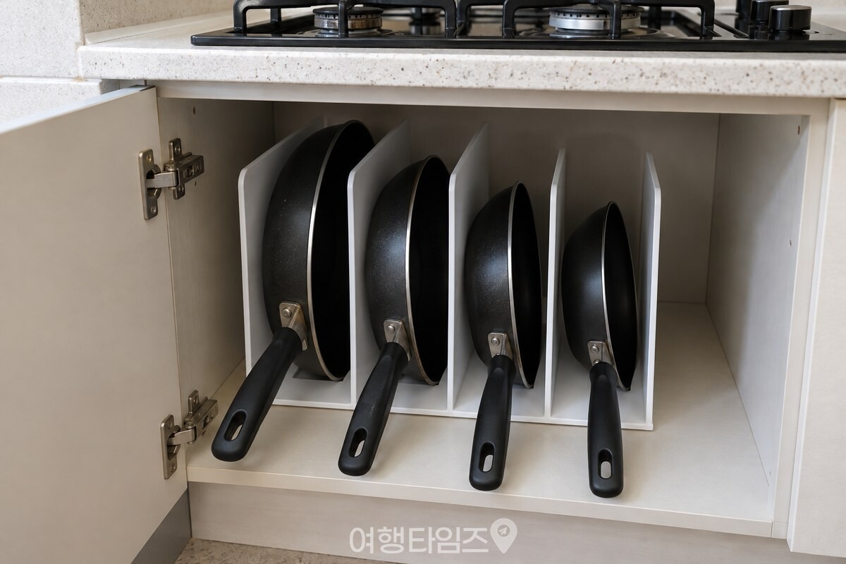 하부장 안 플라스틱 책꽂이 칸마다 프라이팬을 세워 손잡이를 문 쪽으로 맞춘 모습. / 기사 이해를 돕기 위한 생성형 이미지