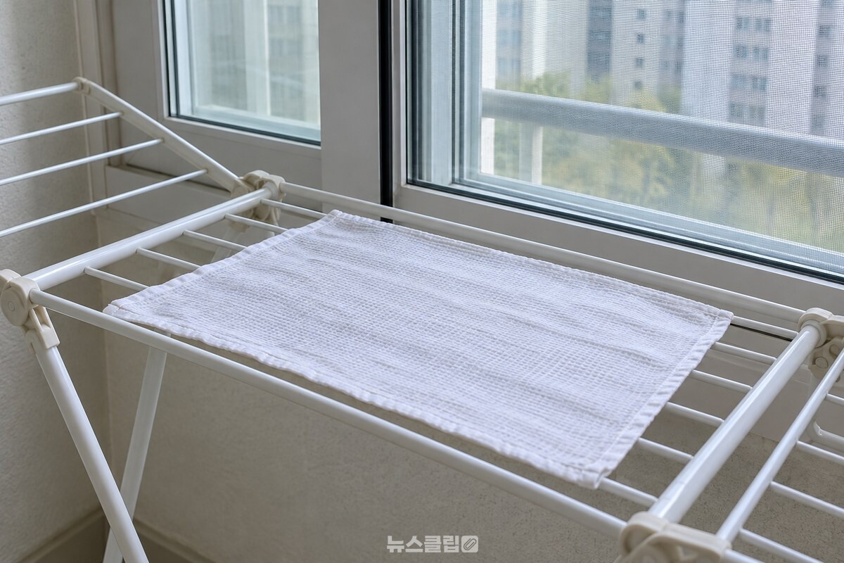 베란다 건조대에 펼쳐 말리는 삶은 면 행주 / 기사 이해를 돕기 위한 생성형 이미지