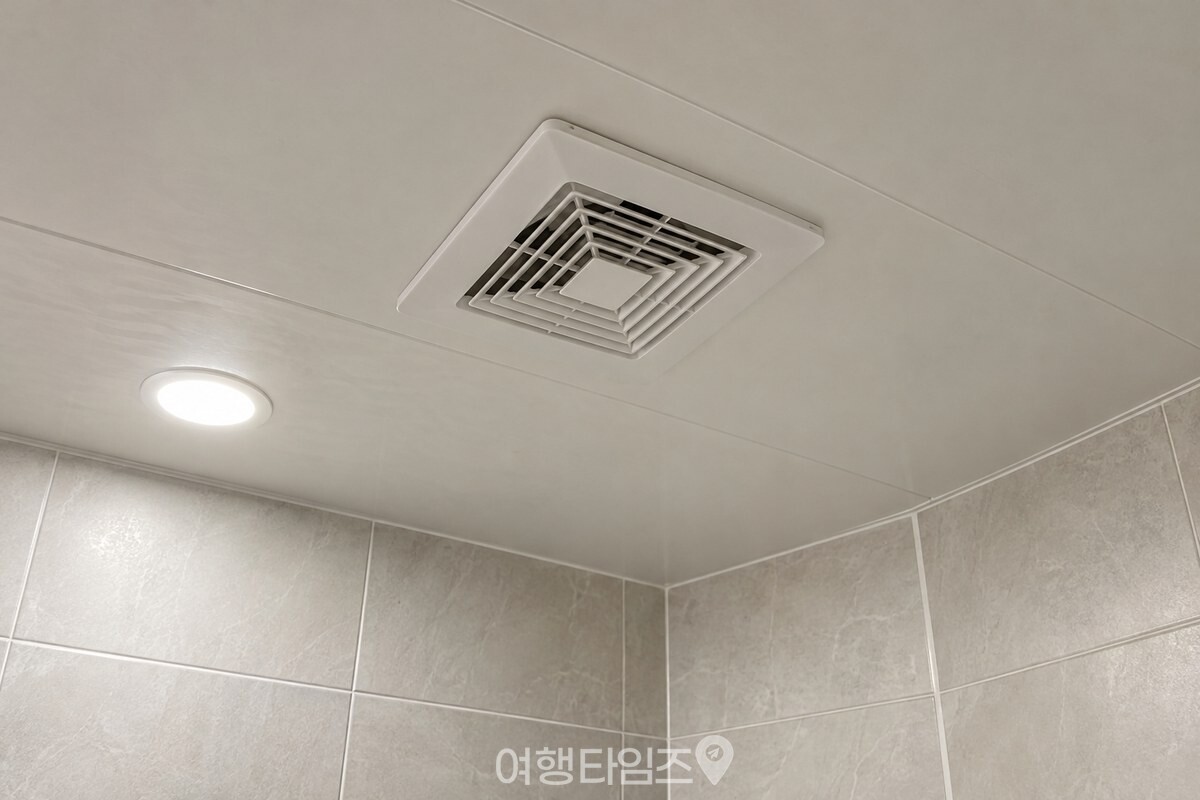 문을 닫은 욕실의 천장 환풍기와 바닥 배수구가 함께 보이는 모습. / 기사 이해를 돕기 위한 생성형 이미지
