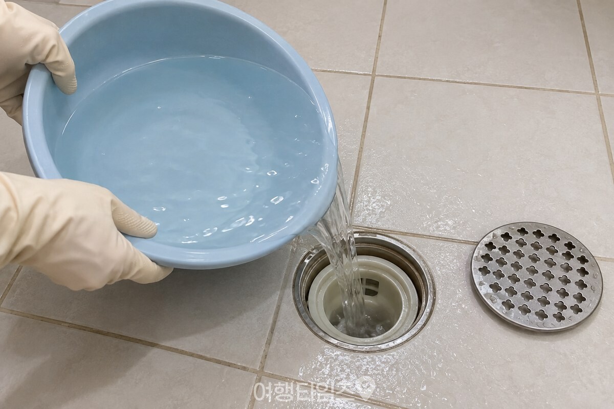 고무장갑을 낀 손으로 물이 든 바가지를 배수구 트랩에 기울이는 모습. / 기사 이해를 돕기 위한 생성형 이미지
