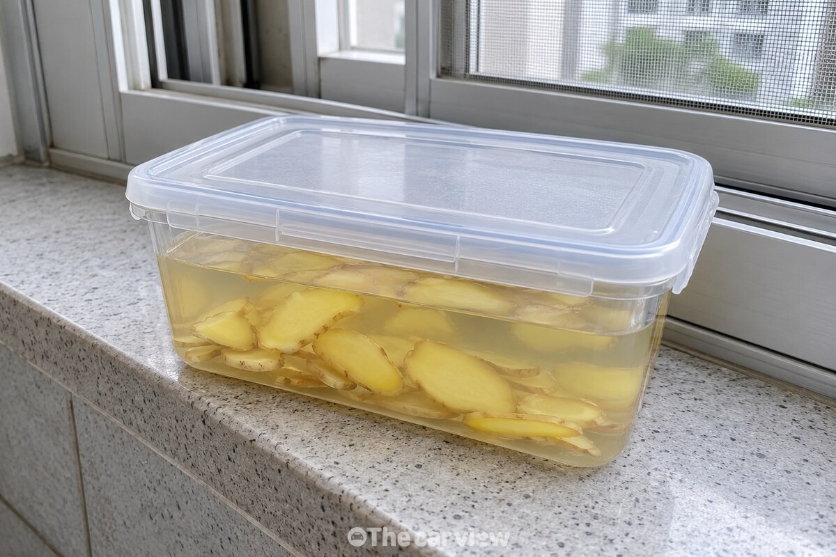 생강물을 담아 뚜껑을 닫은 반찬통 / 기사 이해를 돕기 위한 생성형 이미지