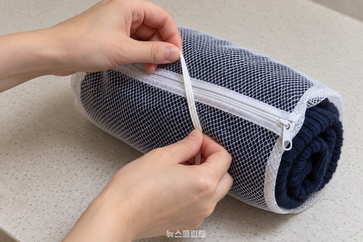빨래망 바깥을 마스크 끈으로 감아 고정하는 손 / 기사 이해를 돕기 위한 생성형 이미지