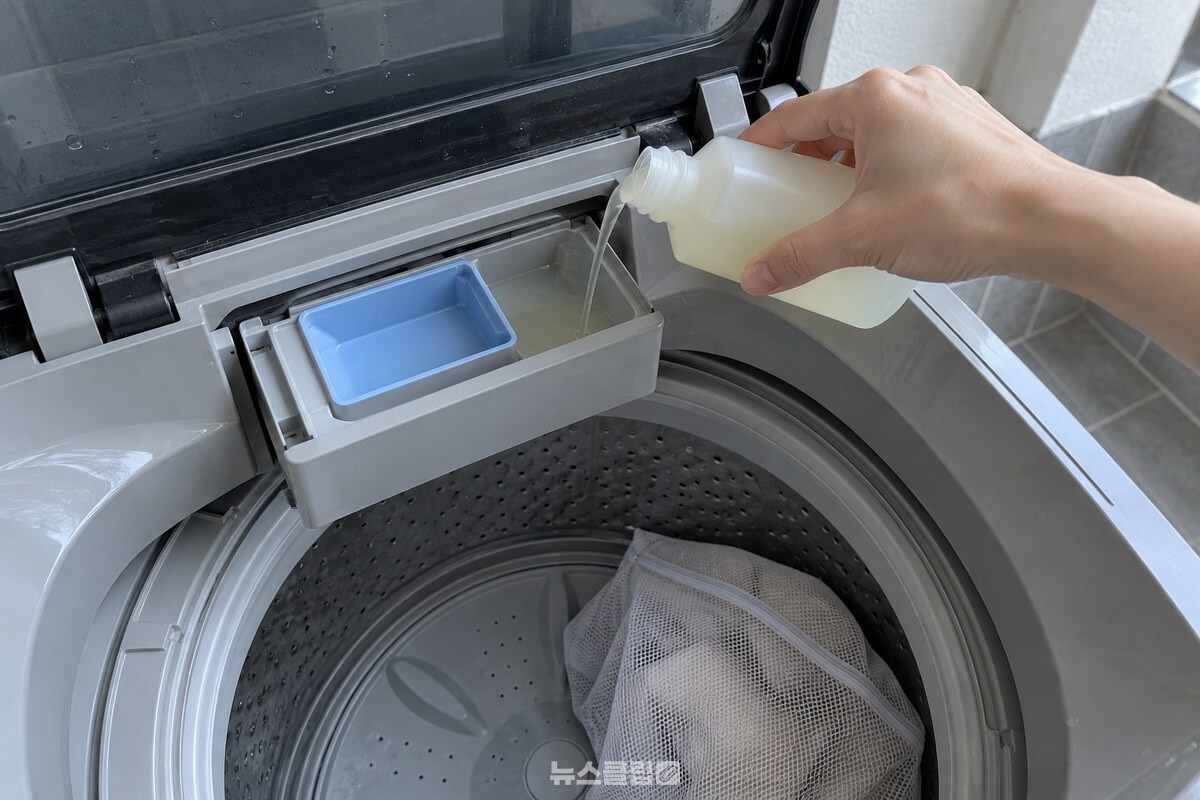 세탁기 세제 투입구에 울 전용 세제를 넣는 모습 / 기사 이해를 돕기 위한 생성형 이미지